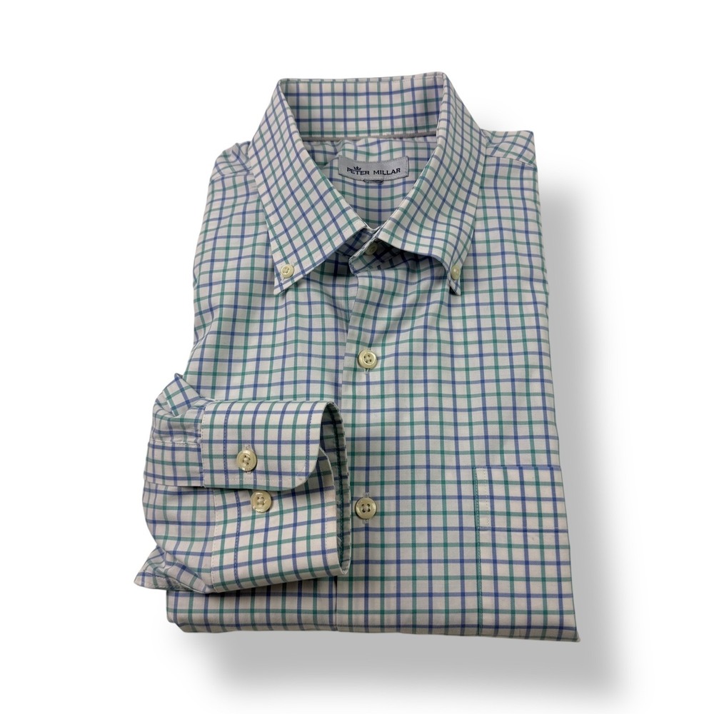 Peter Millar Mens Classic Fit Check Button Down Long Sleeve Shirt Blue Green L